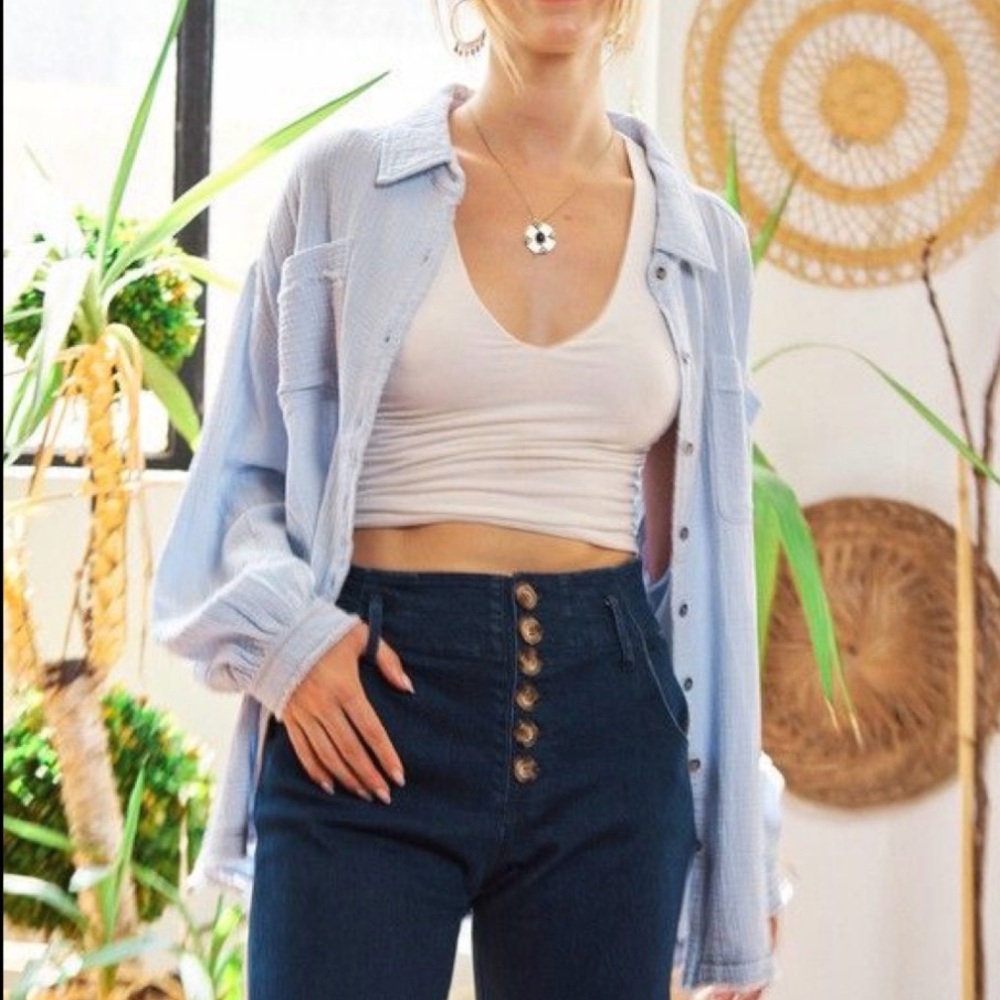 SO Gauze Light Blue Snap Button Down Shirt